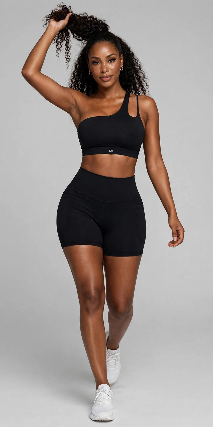 The Frame One Shoulder Bra Black on model - front view