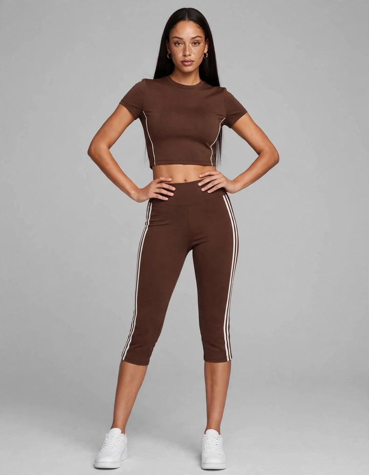 The Line Crop Tee Brown on model - front view