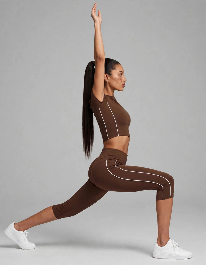 The Line Crop Tee Brown on model - side view
