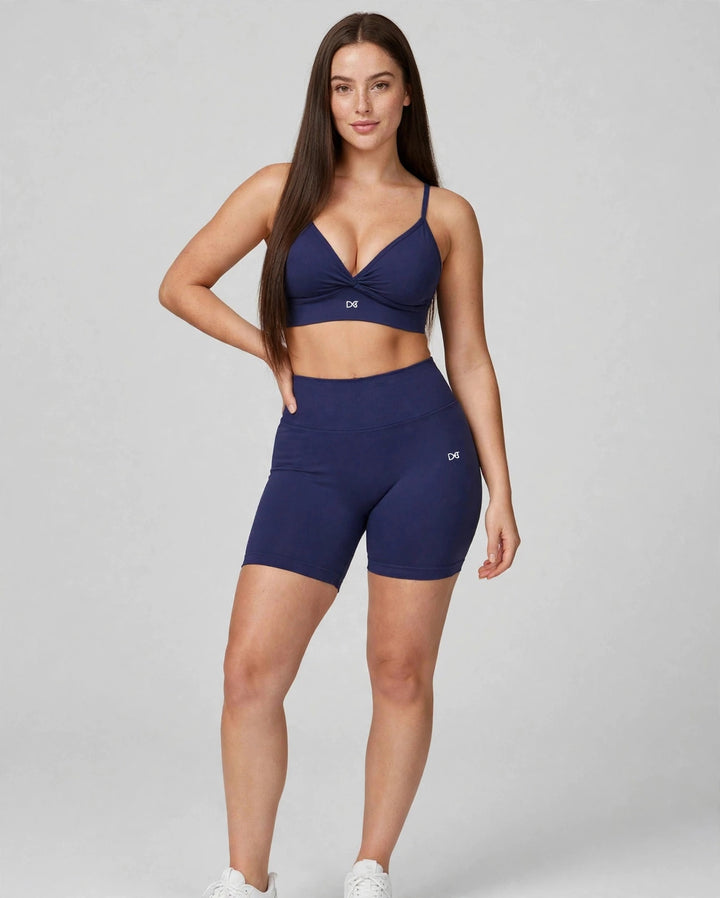 The V-Back Scrunch Shorts Navy on model - front view